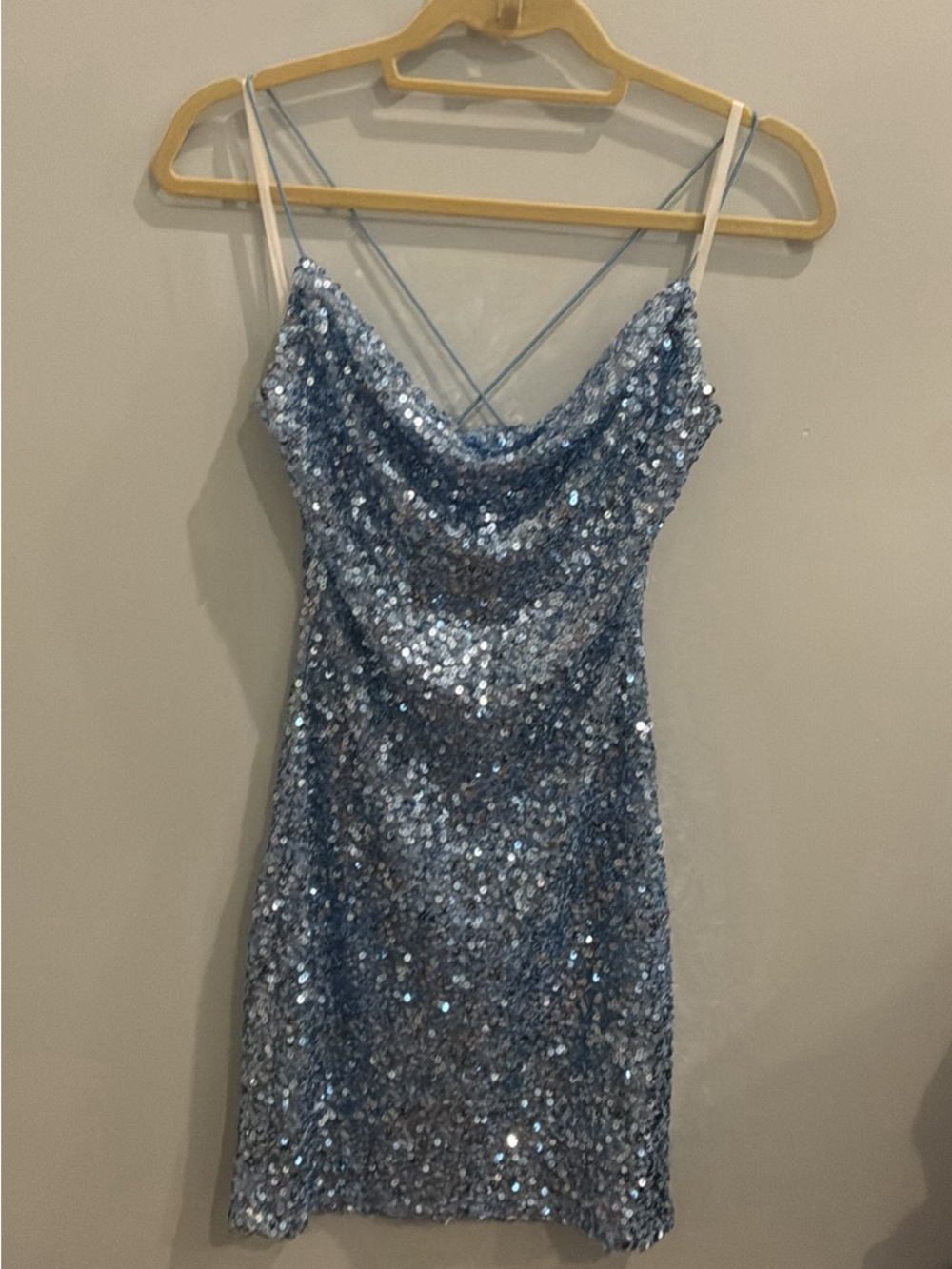 B Darlin Light Blue Sequin Cowl Mini Dress HOCO ready